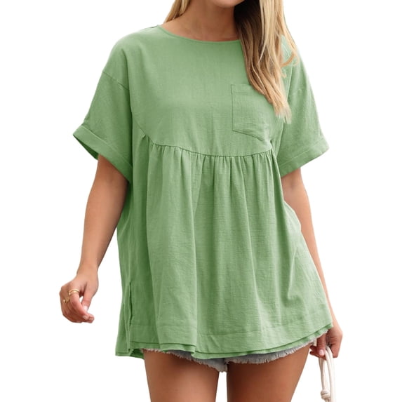 High Waist Women Short Sleeve Solid A-line Loose Blouse Tops