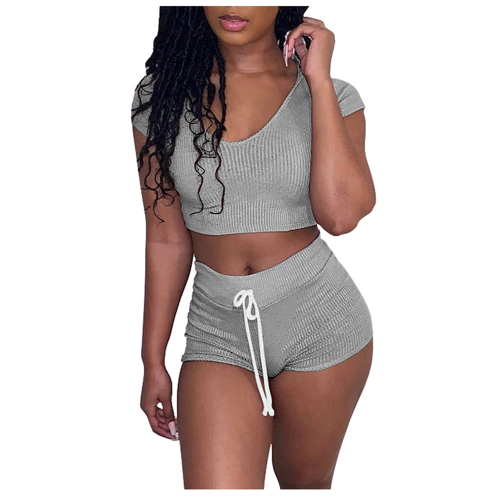 Summer Shorts For Women Fashion Women Cute Solid Color Sportswear Suit 2PC  Tracksuit Short Sleeve Sets Sleep Shorts For Women,Gray,L 