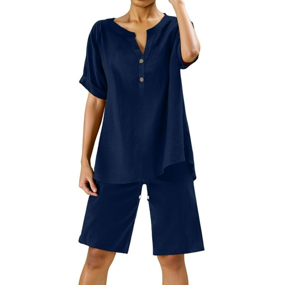 Summer Shorts for Women 2025, Athletic Shorts for Women,Women's Linen Shorts Suit Summer Casual Two Piece Set Trendy Button Down Shirt Comfy Resort Wear Loose Fit V Neck Blouse