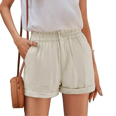 Summer Shorts for Women 2025 Casual Dressy Elastic High Waisted Lounge Shorts Lightweight Beach Vacation Shorts Wide Leg Mid Length Bermuda Shorts with Pockets Beige L