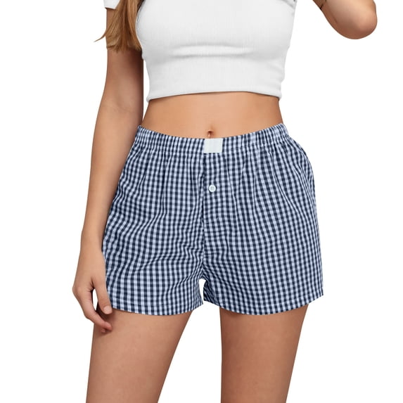 Summer Shorts for Women Cotton Linen Pajama Lounge Sleep Pj Plaid Shorts Casual Hot Pants Comfy Checked Printed Hotpants Straight Leg Short Pants Pyjamas Bottoms Nightwear