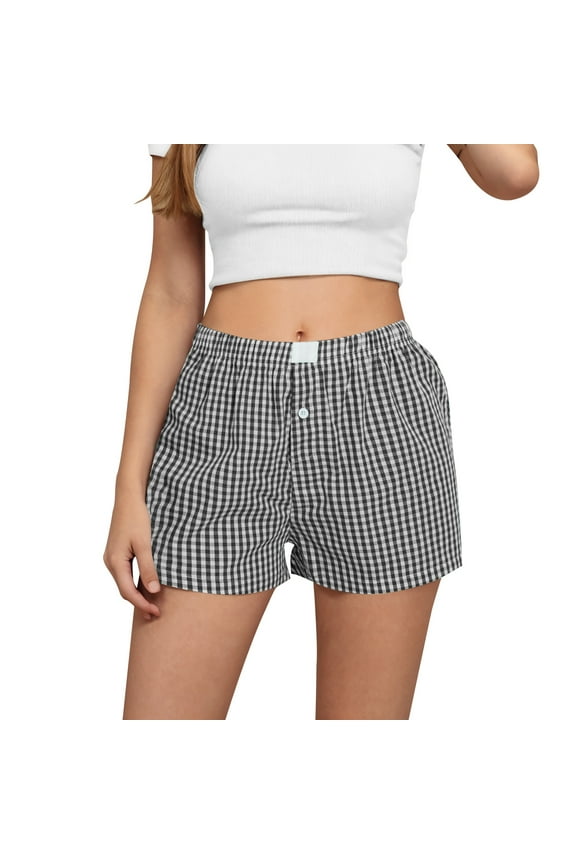 Summer Shorts for Women Cotton Linen Pajama Lounge Sleep Pj Plaid Shorts Casual Hot Pants Comfy Checked Printed Hotpants Straight Leg Short Pants Pyjamas Bottoms Nightwear