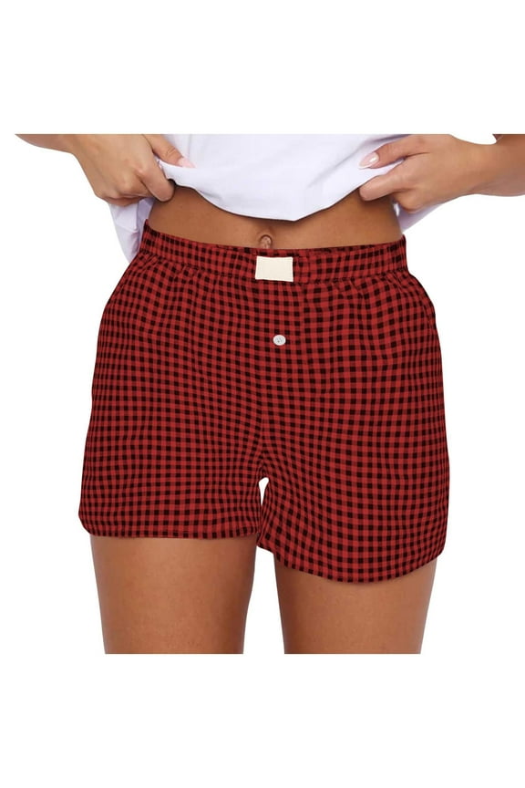 Summer Shorts for Women Cotton Pajama Lounge Sleep Pj Plaid Shorts Casual Hot Pants Comfortable Checked Printed Hotpants Straight Leg Short Pants Pyjamas Bottoms Nightwear