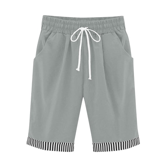 Summer Shorts Women Plus Size Cotton Linen Long Shorts with Pockets Striped Hem Drawstring Beach Lounge Short (2XL, Gray)