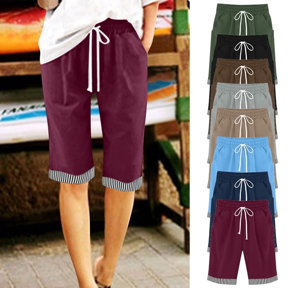 Summer Shorts Women Plus Size Cotton Linen Long Shorts with Pockets Striped Hem Drawstring Beach Lounge Short (XL, Wine)