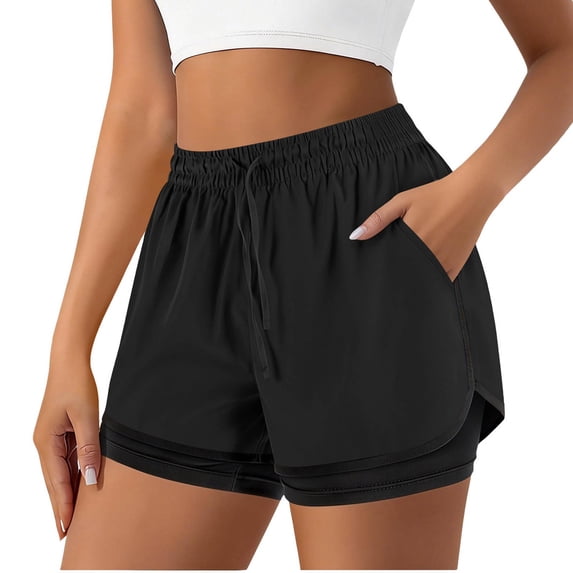 Summer Shorts Womens 2-in-1 Layered Athletic Shorts with Inner, Drawstring Elastic Waist Running Gym Shorts Black XXL