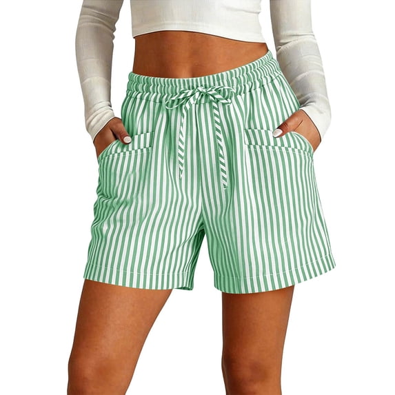 Summer Shorts for Women 2026 Casual Trendy Vacation Beach Cotton Linen Elastic Waist Drawstring Shorts with Pockets Green 2XL