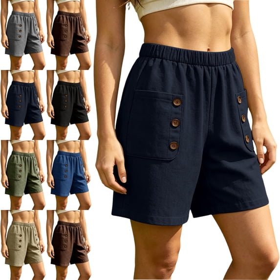 Summer Shorts for Women 2026 with Pockets 100% Cotton High Waist Cargo Shorts Elastic Waist Buttoned Pockets