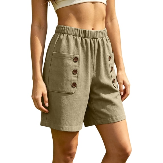 Summer Shorts for Women 2026 with Pockets 100% Cotton High Waist Cargo Shorts Elastic Waist Buttoned Pockets