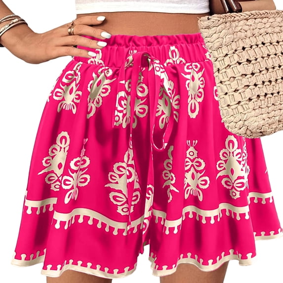 Summer Shorts for Women Boho High Waisted Drawstring Wide Leg Shorts Flutter Ruffle Loose Causal Skorts, 2XL
