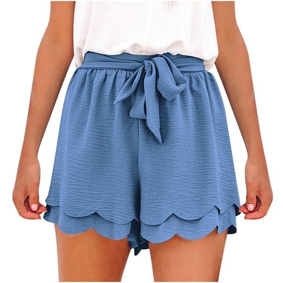 Summer Shorts for Women Casual Loose Solid Color High Waist Belted Ruffle Beach Lightweight Comfy Short Lounge Pants