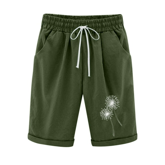 Summer Shorts for Women Casual Printed Elastic High Waist Drawstring Knee Length Shorts with Pockets Ladies Clothes