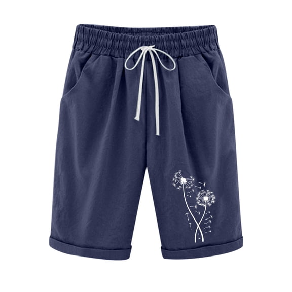 Summer Shorts for Women Casual Printed Elastic High Waist Drawstring Knee Length Shorts with Pockets Ladies Clothes