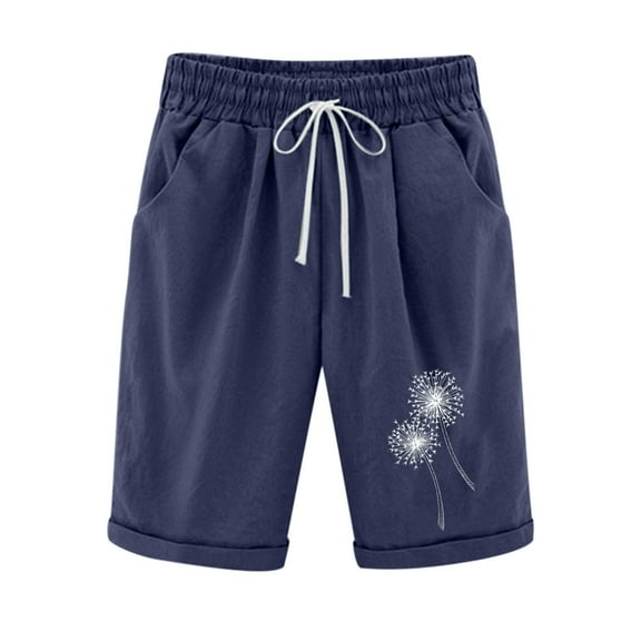 Summer Shorts for Women Casual Printed Elastic High Waist Drawstring Knee Length Shorts with Pockets Ladies Clothes