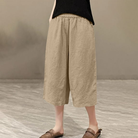 Summer Shorts for Women Clearance, Xunlbb Women's Solid Color Elastic Waist Casual Straight Leg And Linen Cropped Pants