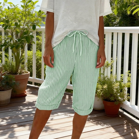 Summer Shorts for Women Cotton Linen Drawstring Elastic Waisted Half Pants with Pockets Striped Printed Straight Leg Short 4th of July
