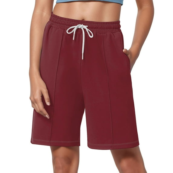 Summer Shorts for Women Drawstring Waist Running Shorts Casual Loose Long Yoga Shorts with Pockets wine X-Large