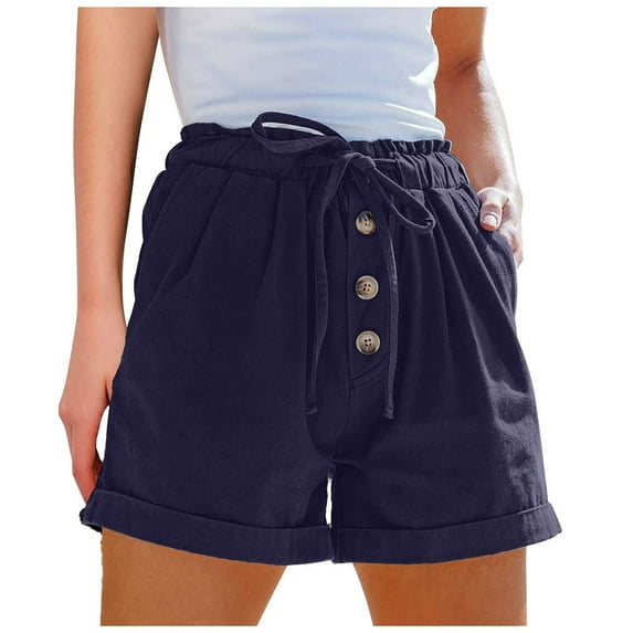 Summer Shorts for Women Elastic Waist Drawstring Cotton Linen Wide Leg Shorts Casual Loose Lounge Pants with Pockets