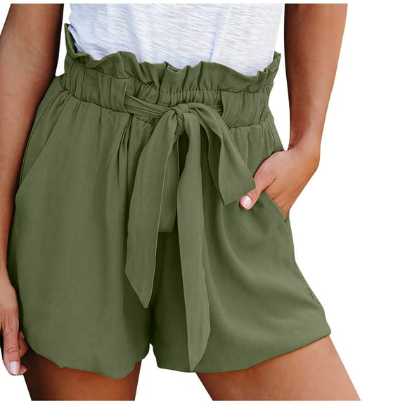 Women's Summer Lounge Shorts Ruffle Elastic Hight Waist Casual Shorts Loose Fit Comfy Belted Beach Shorts with Pockets