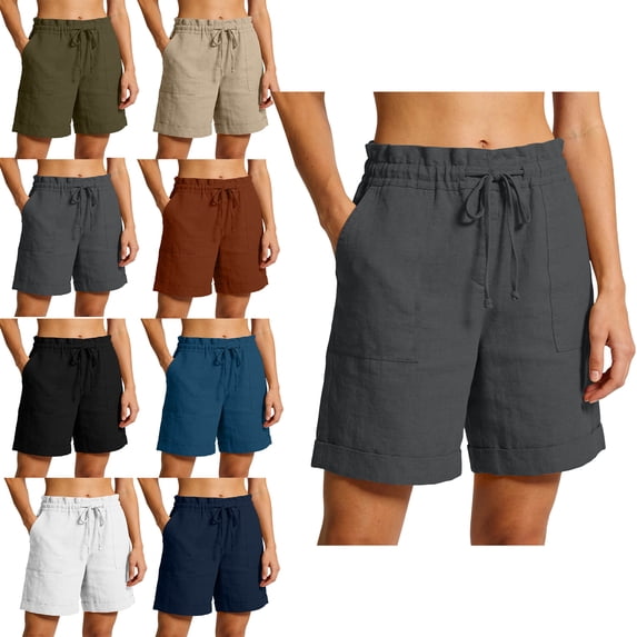 Summer Shorts for Women Plus Size 2026 with Pockets 100% Cotton Casual Shorts Drawstring Waist Rolled Cuff Hem Beachwear