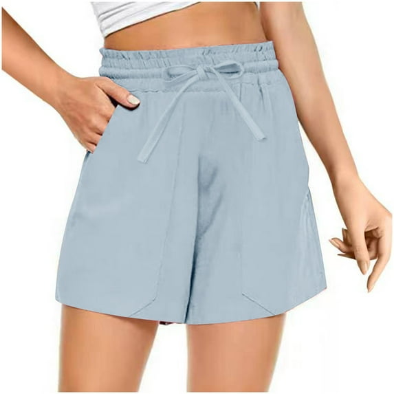 Summer Shorts for Women Tie Elastic High Waisted Wide Leg Shorts Solid Casual Lounge Pants with Pockets