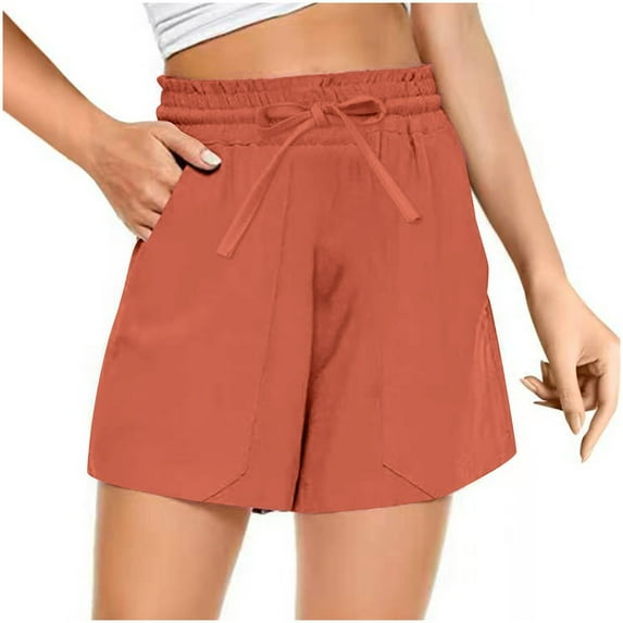 Summer Shorts for Women Tie Elastic High Waisted Wide Leg Shorts Solid Casual Lounge Pants with Pockets