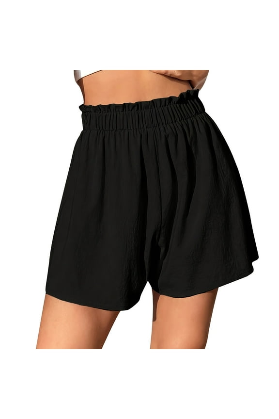 Summer Shorts for Women Trendy Ruffled High Elastic Waist Wide Leg Shorts Casual Lightweight Flowy Lounge Pants (XL, Black)