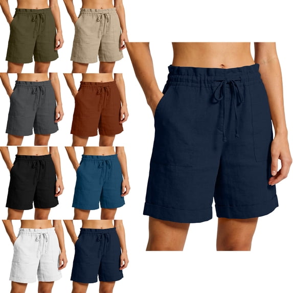 Summer Shorts for Women with Pockets 100% Cotton Casual Shorts Drawstring Waist Rolled Cuff Hem Beachwear