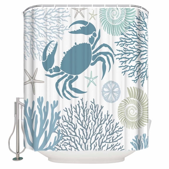 Summer Shower Curtain, 48" x 72", Teal Green Crab Coral Seashell Nautical Coastal Ocean Waterproof Bathroom Curtain Washable Shower Curtain Set with 12 Hooks