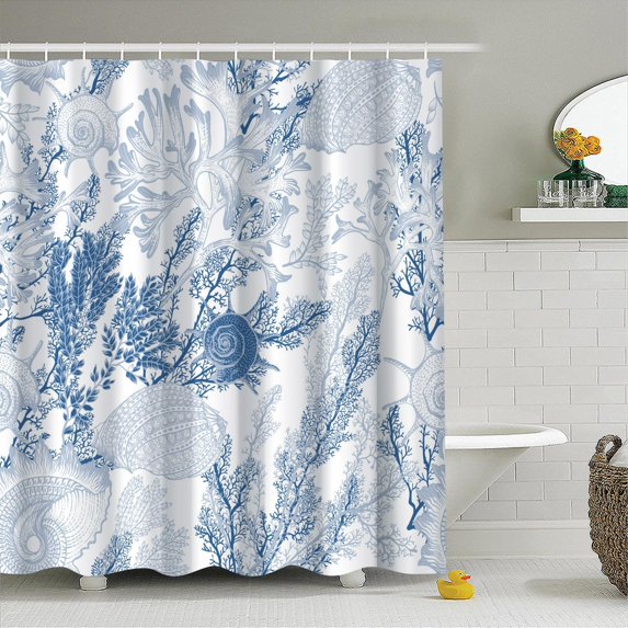 Summer Shower Curtain 72x84inches, Sea Snail Shower Curtains for Bathroom Hotel Stall Coral Leaves Plants Waterproof Fabric Shower Curtain Set with Hooks