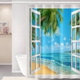 thumbnail image 1 of Summer Shower Curtain for Bathroom White Window Blue Sky Sea Water Shower Curtain Set Green Palm Trees Leaves Polyester Fabric Shower Curtains with Hooks 72x72 inches, 1 of 1