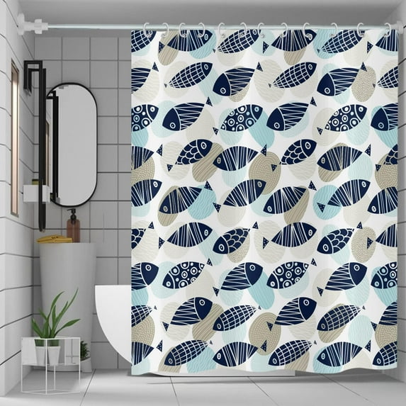 Summer Shower Curtain, Blue Fish Ocean Fishes Coastal Pattern Bath Curtains Waterproof Fabric with Hooks for Home Decor, 72Wx84H