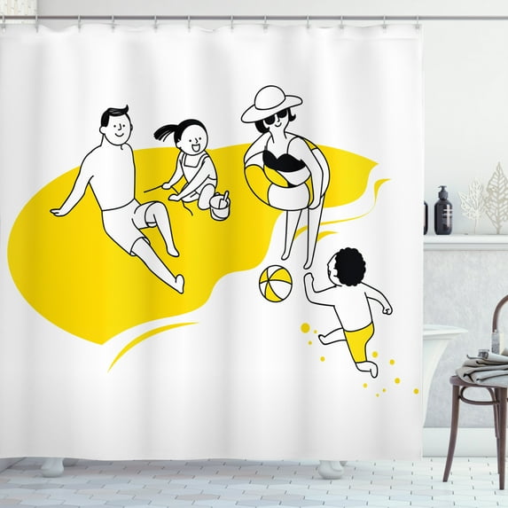 Summer Shower Curtain, Hand-drawn Illustration of a Happy Family at the Beach Having Fun Kids, Fabric Bathroom Set with Hooks, 69W X 75L Inches Long, Yellow Black and White, by Ambesonne