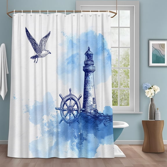 Summer Shower Curtain with Hooks, Watercolor Seagull Blue Line Ship Rudder Lighthouse Sea Wave Sturdy Water Repellent Shower Curtains for Bathroom Bathtub, Machine Washable Curtains 36x72 Inch