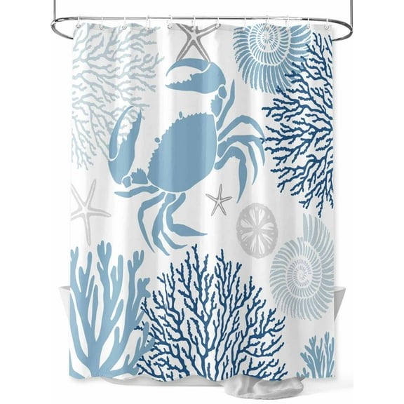 Summer Shower Curtain, Navy Blue Crab Coral Seashell Nautical Coastal Ocean Waterproof Shower Curtain Set with 12 Hooks Lightweight Washable Fabric Shower Curtains for Bathroom 36x72 Inches