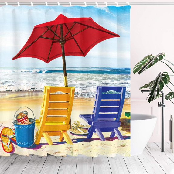 Summer Shower Curtain Sets - Sea Beach Recliner Bathroom Curtain, Waterproof Polyester Fabric Bath Decoration with 12 Hooks, 71 x 71 Inch