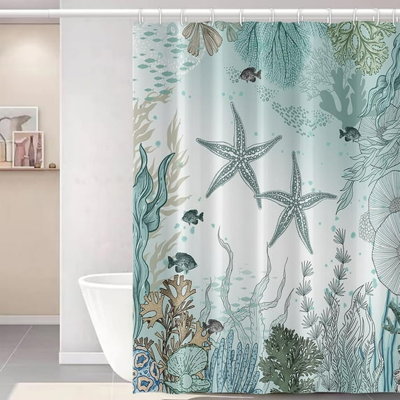 Summer Shower Curtain for Bathroom Sea Scenery Fabric Shower Curtain Set Coral Fishes Leaves Waterproof Shower Curtain 84x72inches with Hooks