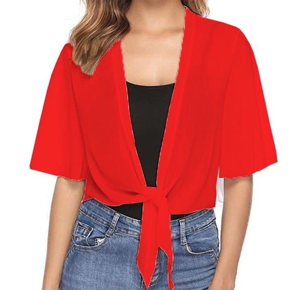 Summer Shrugs for Women Cropped Cardigan Short Sleeve Open Front Sheer Shawl Cardigans Lightweight Chiffon Bolero Red M