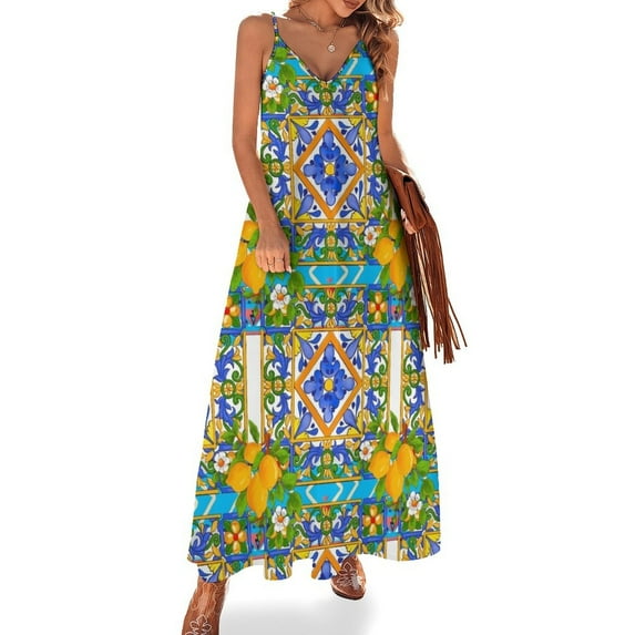 Summer Sicilian tiles citrus lemons majolica Mediterranean Sleeveless Dress clothing women summer evening dresses ladies