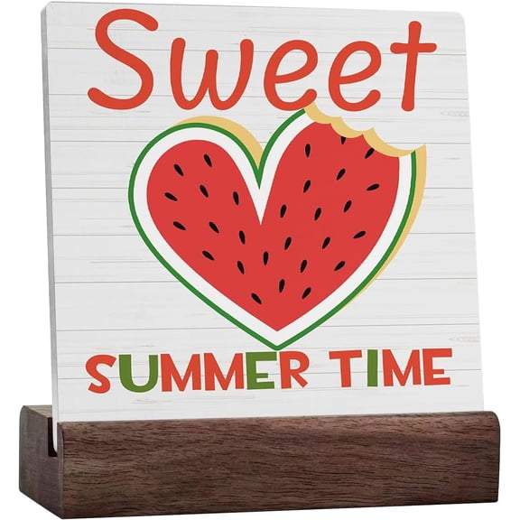 Summer Sign Decor Desk Decor Ceramic Table Sign Funny Summer Seasonal Holiday Watermelon Heart Wood Block Plaque Box Sign For Home Farmhouse Kitchen Dining Room Shelf Table Decor Sweet Summer Time
