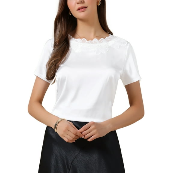 Summer Silk Satin Tops for Women Dressy Casual Short Sleeve Floral Lace Blouse Elegant Work Shirts M White