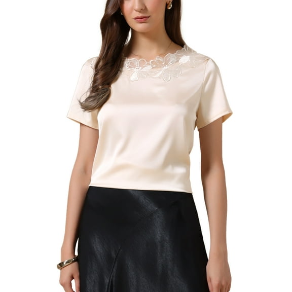 Summer Silk Satin Tops for Women Dressy Casual Short Sleeve Floral Lace Blouse Elegant Work Shirts XL Champagne