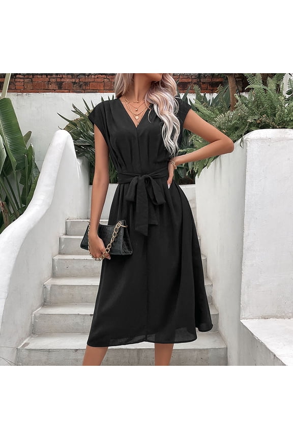 Summer Simple, Elegant, Versatile Tie-Waist V-Neck Black Dress