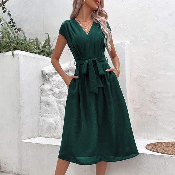 Summer Simple, Elegant, Versatile Tie-Waist V-Neck Black Dress