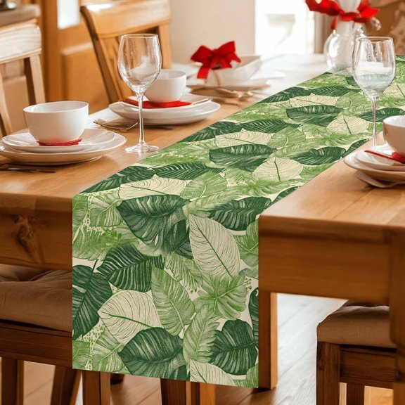 Summer Simple Tropical Leaves Table Runner 36 Inches Long,Kitchen Dining Tablerunners Watercolor Palm Leaf Linen Table Runners Dresser Scarves for Home Dinner Wedding Holiday Party Decor