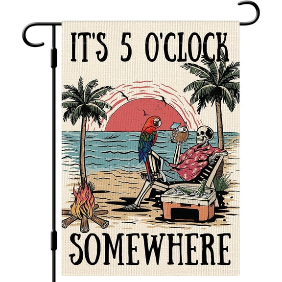 Summer Skeleton Garden Flag It's 5 O'Clock Somewhere Garden Flag 1218 Inch Double Sided Vertical Burlap Summer Coastal Seasonal Tropical Ocean Yard Flag Outdoor Decoration