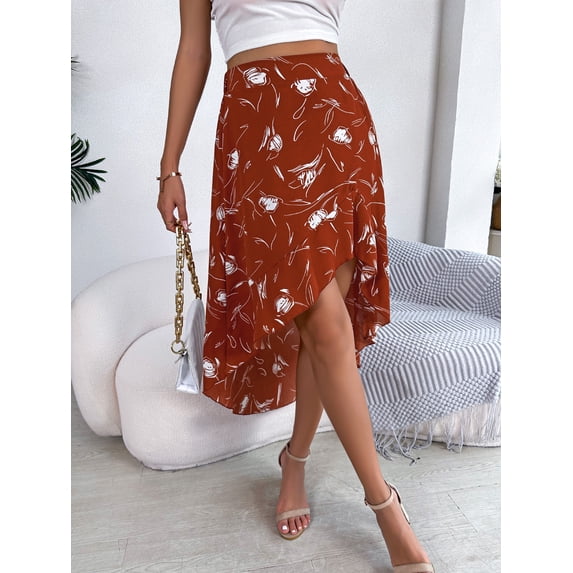 Summer Skirt Casual Floral Asymmetrical Ruffled Mid-Length Skirt