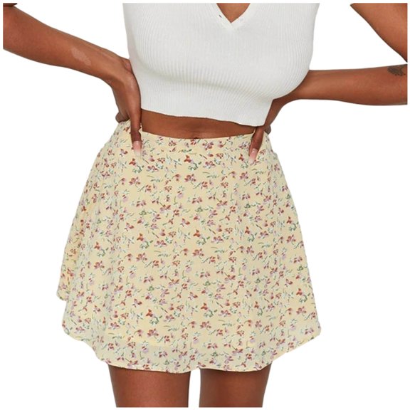 Summer Skirt Saving! Jerdar Women's Floral High Waist Mini Skirt Chiffon Zipper A-Line Short Skirt Yellow M