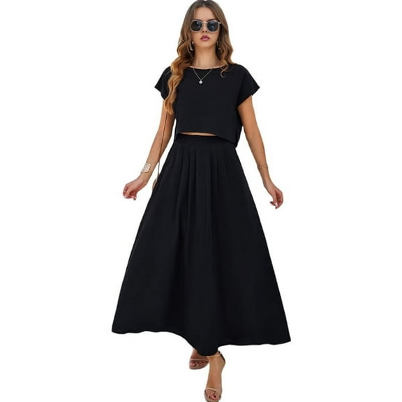 Summer Skirt Set for Women 2 Piece Outfit Cap Sleeve Top Elastic Waist Maxi Dress Set with Pockets Black S