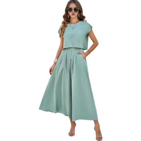 Summer Skirt Set for Women 2 Piece Outfit Cap Sleeve Top Elastic Waist Maxi Dress Set with Pockets Gray Green L